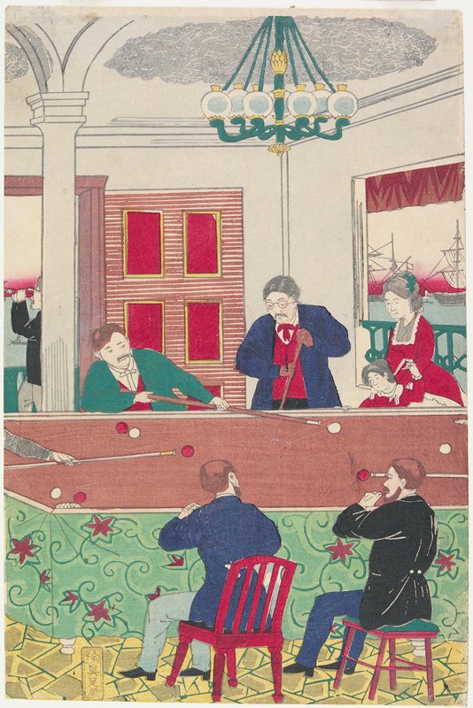 Foreigners at Billiard Game, Utagawa Hiroshige III, c. 1872–73
