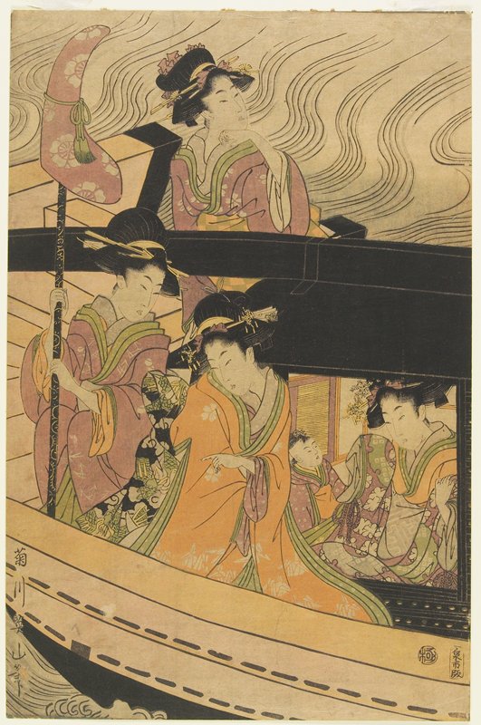 (Women’s daimyo procession crossing the river on ferry boats), Kikukawa Eizan, 1800s