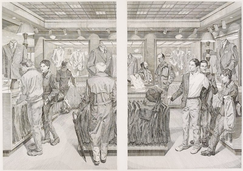 Scenes 1 and 2, from Suit Shopping:  An Engraved Narrative, Andrew Raftery, 2002