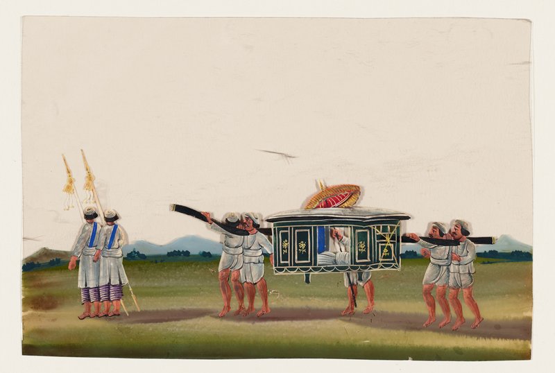 Attendants carrying man in palanquin, 19th century