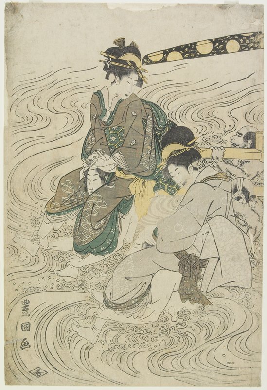 (Two Women Crossing a River on the Shoulders of Coolies), Utagawa Toyokuni, 18th-19th century