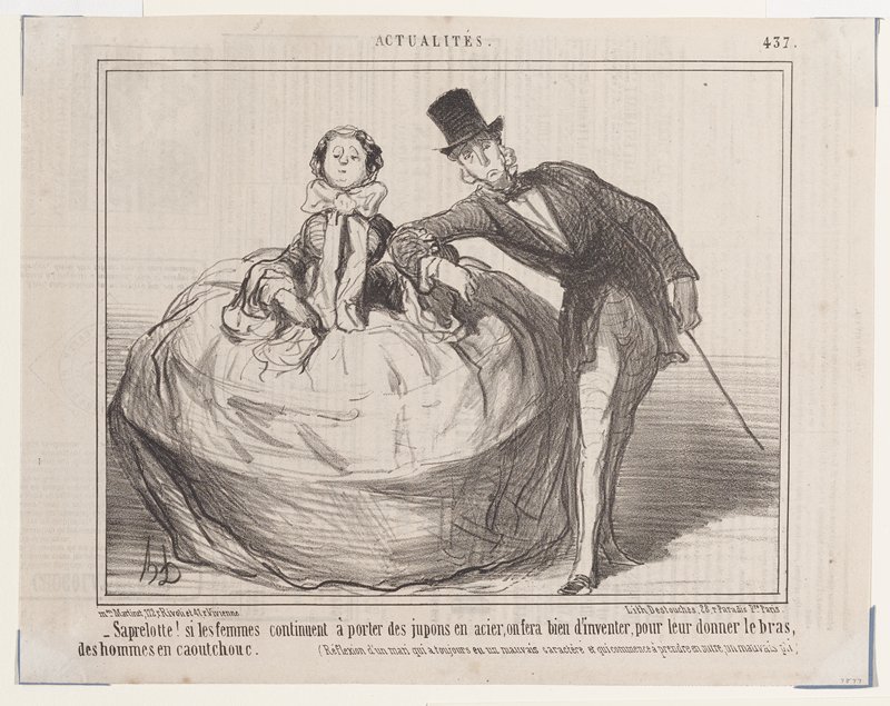 Saprelotte!  si les femmes continuent à porter des jupons en acier, . . . (Actualités), from Le Charivari