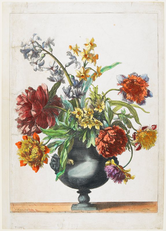 Blue Vase of Flowers. Hyacinth, narcissus, peonies, and anemonies, from Livres de Plusieurs Vase de Fleurs faicts d'Apres le Naturel, Jean-Baptiste Monnoyer, c. 1660