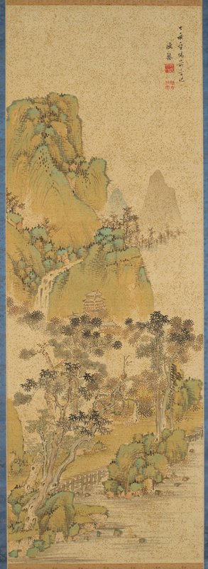 Blue-green landscape on gold-flecked ground, Urakami Shunkin, 1827