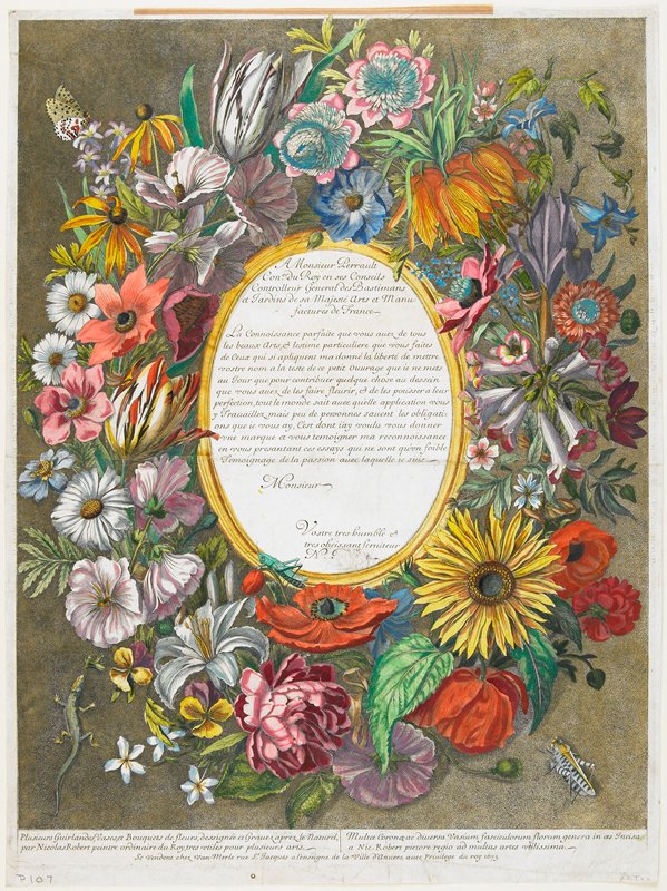 Frontipiece and Title Page from Plusiers Guirlandes, Vases et Bouquets de Fleurs, Nicolas Robert, 1673