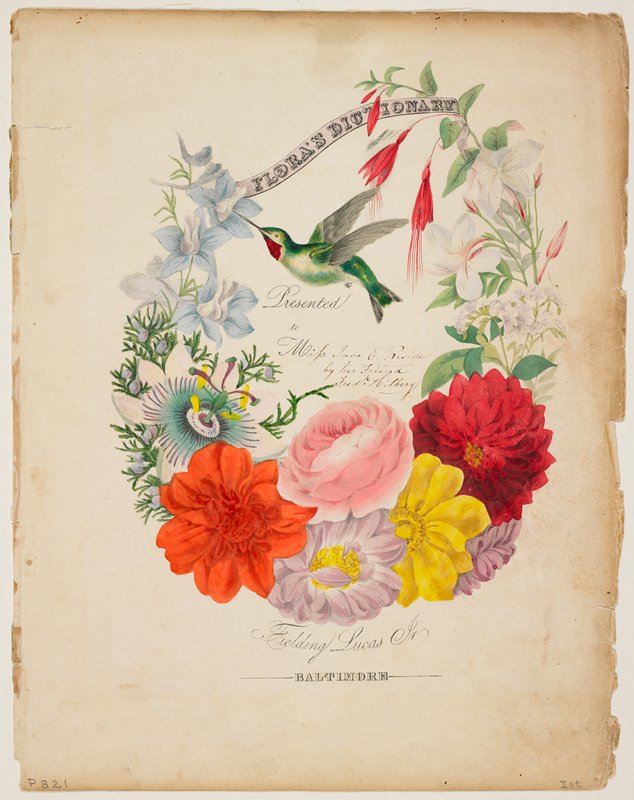 Presentation Page. Flower Garland and Humming Bird, from Flora's Dictionary, Mrs. E. W. Wirt, 1838