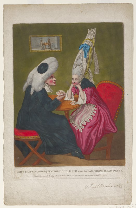 Miss Prattle, consulting her Doctor Double Fee about her Pantheon Head Dress, attributed to Robert Dighton, c. 1770–73