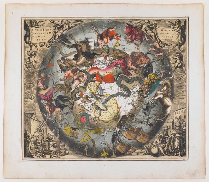 Scenographic View of the Southern Hemisphere with the Starry Vault and the Earth, plate 28 from Harmonia Macrocosmica, Andreas Cellarius, 1660