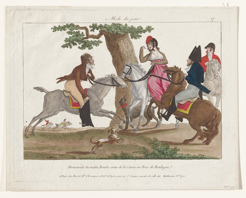 Promenade du matin, Rendez-vous de la Course au Bois de Boulogne, from Modes du Jour, attributed to Claude-Louis Desrais, early 19th century
