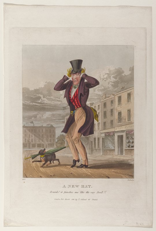 A New Hat. Zounds! It Pinches Me Like the Very Devil!!, M. Egerton, March 1826