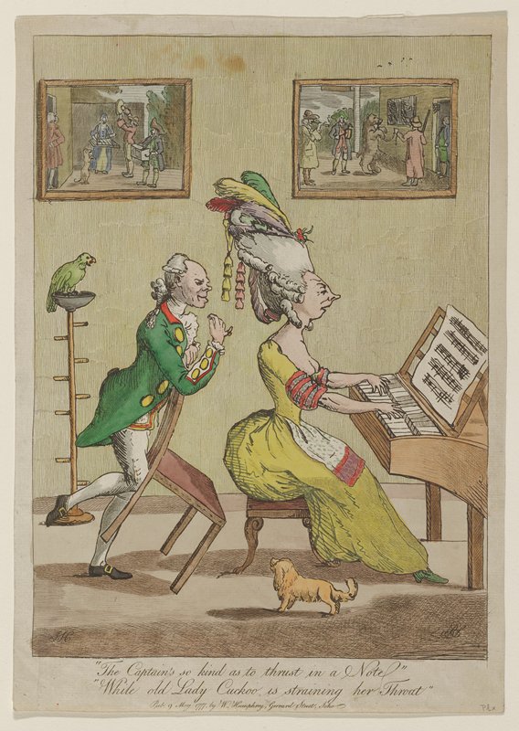The Captain's so kind as to thrust in a Note While old Lady Cuckoo is straining her Throat., William Humphrey, May 9, 1777