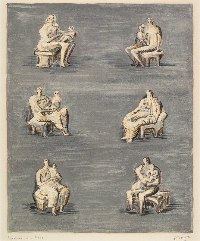 Studies for Sculpture on Blue Grey Background, Henry Moore, 1957