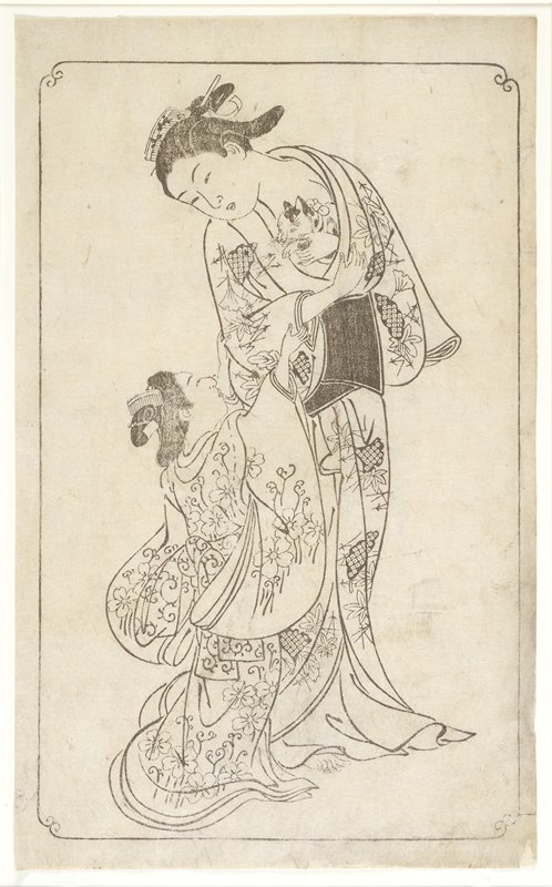 Woman Holding a Cat and a Girl Trying to reach the Cat, Nishikawa Sukenobu, 1739