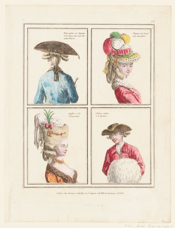 Plate of 4 Coeffures, from Gallerie Des Modes et Costumes Francais, Rapilly and Esnauts, 1777–78