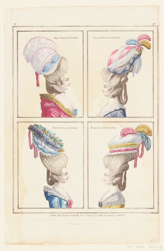 Plate of 4 Coeffures, from Gallerie Des Modes et Costumes Francais, Rapilly and Esnauts, 1777–78