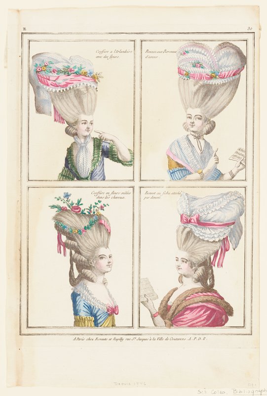 Plate of 4 Coeffures, from Gallerie Des Modes et Costumes Francais, Rapilly and Esnauts, 1777–78