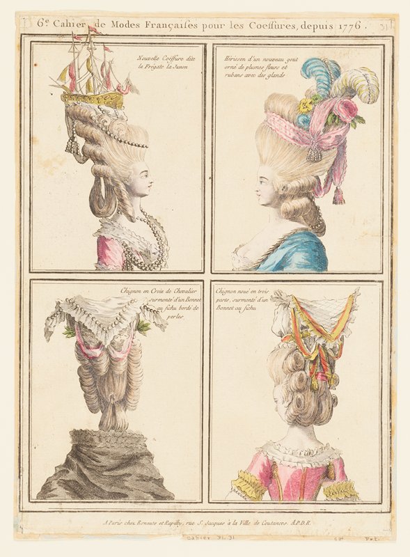 Plate of 4 Coeffures, from Gallerie Des Modes et Costumes Francais, Rapilly and Esnauts, 1777–78