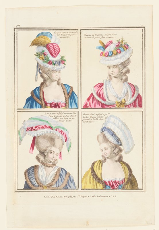 Plate of 4 Coeffures, from Gallerie Des Modes et Costumes Francais, Rapilly and Esnauts, c. 1780