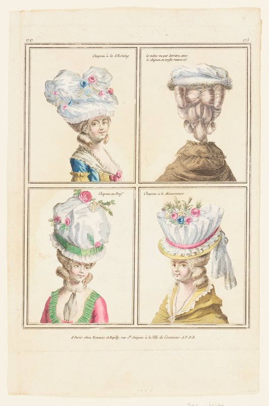 Plate of 4 Coeffures, from Gallerie Des Modes et Costumes Francais, Rapilly and Esnauts, c. 1780