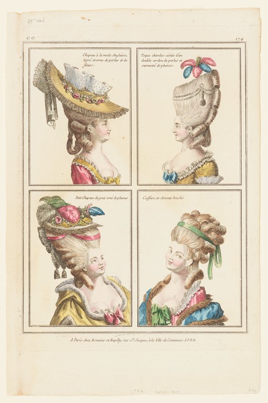 Plate of 4 Coeffures, from Gallerie Des Modes et Costumes Francais, Rapilly and Esnauts, c. 1780