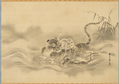 Tiger Fording a Stream with Cubs, Kano Tanshin, early 19th century