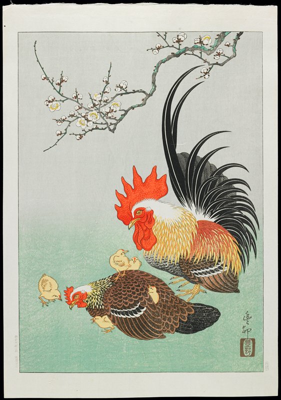 Rooster and Hen with Chicks, Ohara Shōson, c. 1928–1930