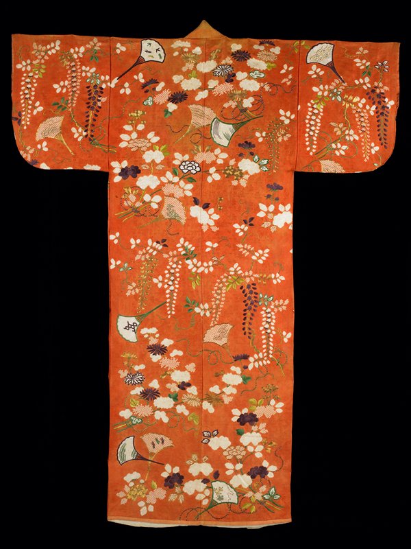 Kimono (furisode) with design of peonies, chrysanthemums