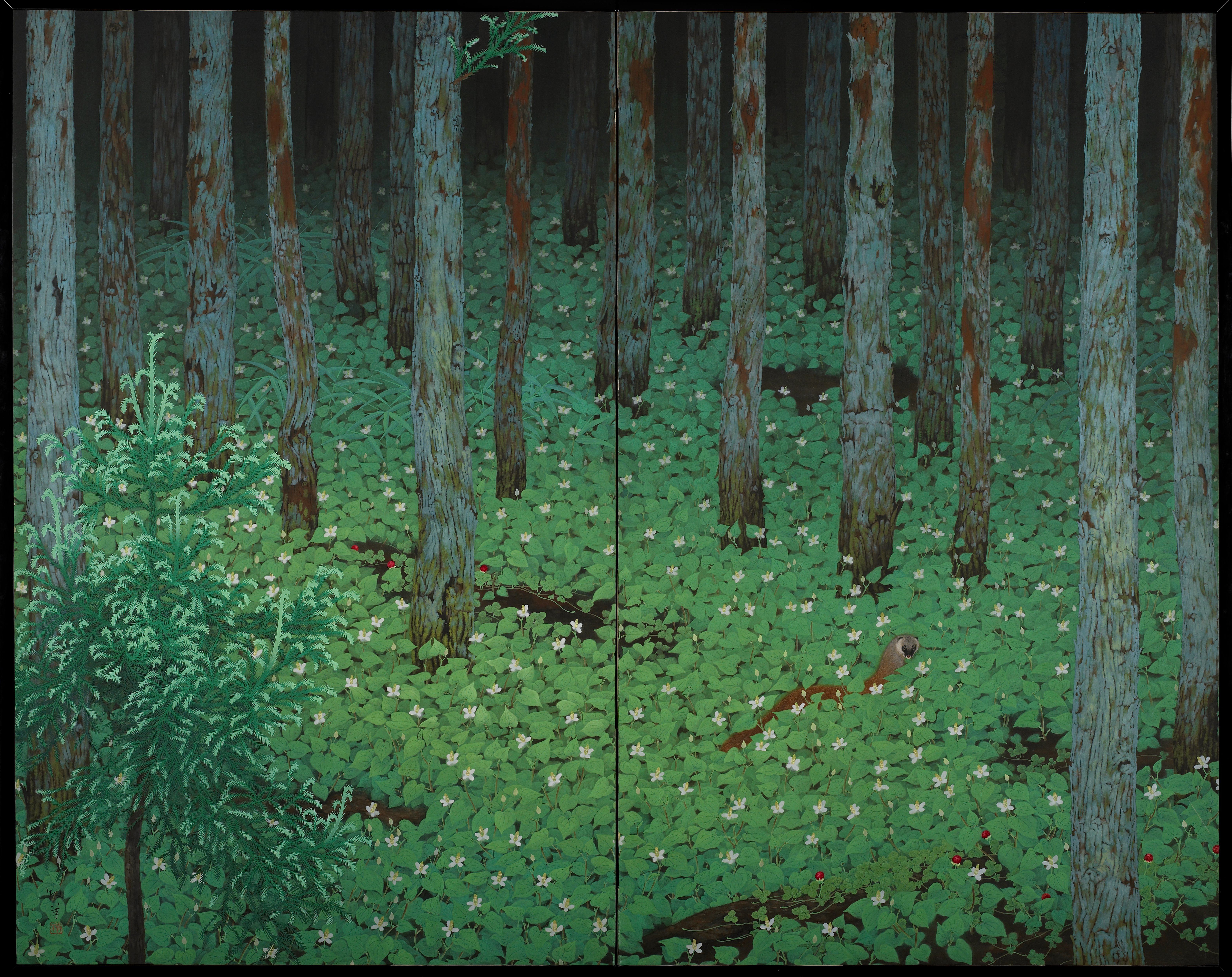 森林の風景 パステル画 原画 水彩風景、川、森、芝生の家。パステル絵画、デッサン、アート