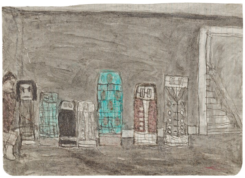 Untitled (Interior with figure and seven “friend” constructions), James Castle, not dated