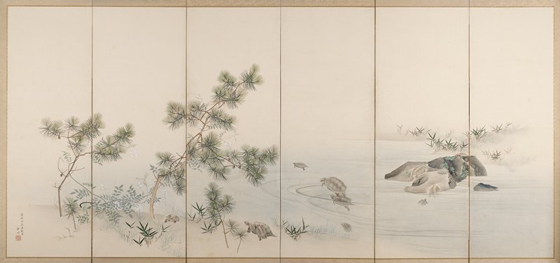 Tortoises [left of a pair of Cranes and Tortoises], Komai Genki, c. 1780