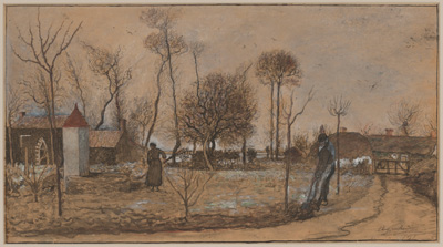 Dokumentasi “Milcendeau's House at Bois Durand”; Brush and black ink, ink wash, charcoal, watercolor, and gouache with red crayon on tan paper, laid down on board. Minneapolis Institute of Art.