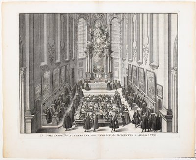 Dokumentasi “La communion des Lutheriens dans l'Eglise des Minorites à Augsbourg”; Etching and engraving. Minneapolis Institute of Art.