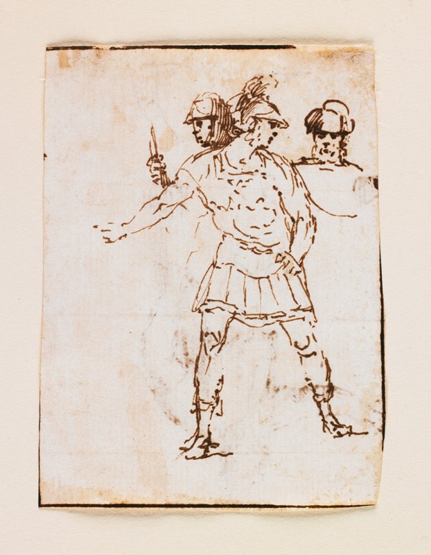 Study of Two Roman Soldiers and a Bearded Figure (recto); Study of a Bearded Man Walking with a Stick (verso), Francesco Allegrini, 17th century