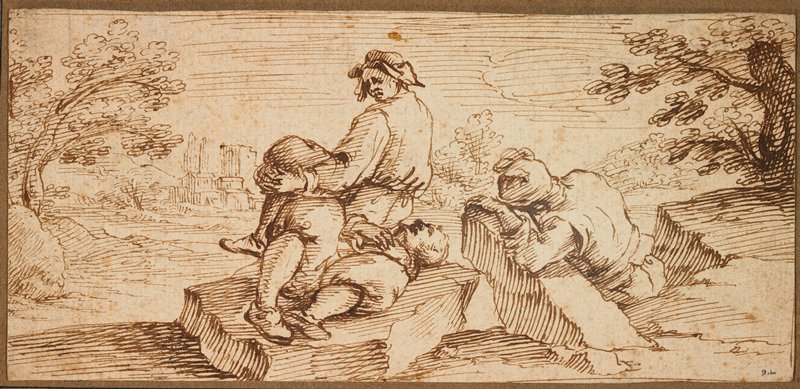 Three Figures Resting in a Landscape, Ercole Bazzicaluva, 17th century