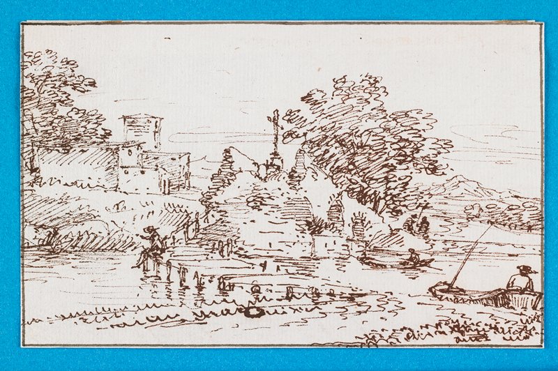 Landscape with Figures Fishing, Attributed to Francesco Allegrini, mid 17th century