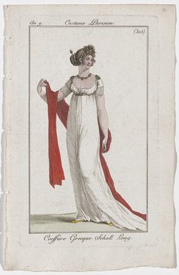 Dokumentasi “Fashion Plate No. 315 from Journal des Dames et des Modes”; Hand-colored engraving. Minneapolis Institute of Art.