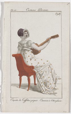 Dokumentasi “Fashion Plate No. 398 from Journal des Dames et des Modes”; Hand-colored engraving. Minneapolis Institute of Art.