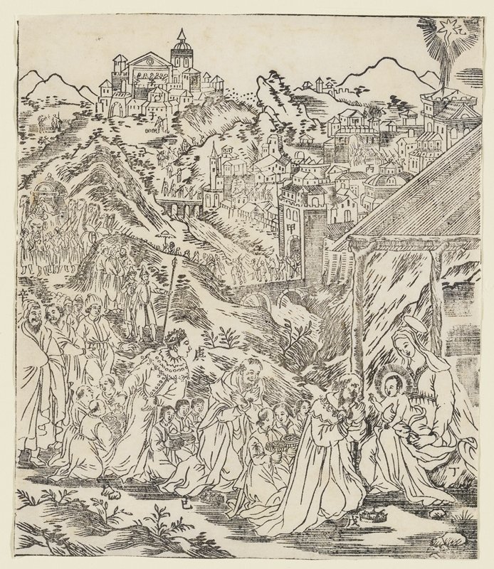 The Adoration of the Magi, plate from Giulio Aleni's Tianzhu jiangsheng zhuxiang jingjie (An Illustrated History of the Lord of Heaven Who Became Incarnate in the Flesh), Jinjiang Church, Fujian Province, China, Giulio Aleni, 1637