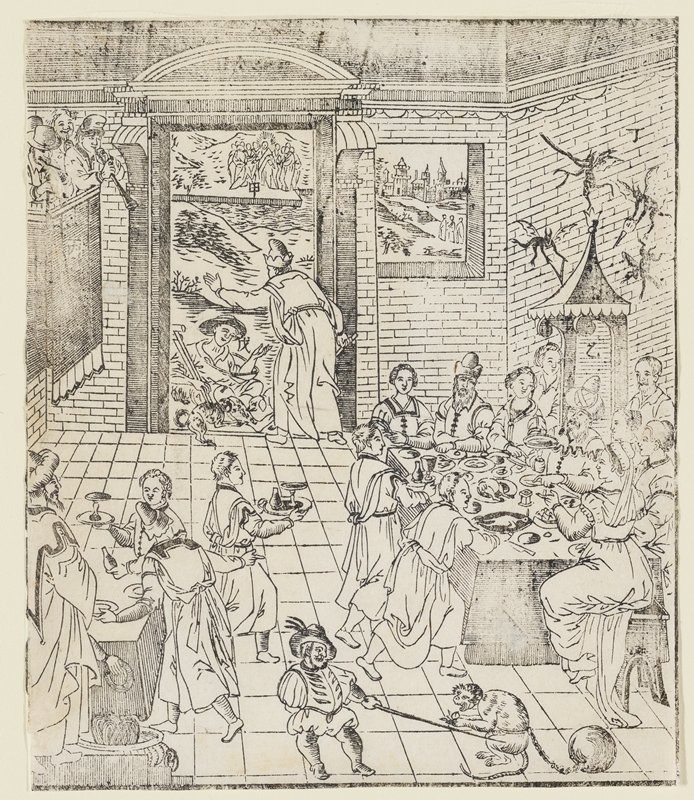 Lazarus at the House of the Rich Man, plate from Giulio Aleni's Tianzhu jiangsheng zhuxiang jingjie (An Illustrated History of the Lord of Heaven Who Became Incarnate in the Flesh), Jinjiang Church, Fujian Province, China, Giulio Aleni, 1637