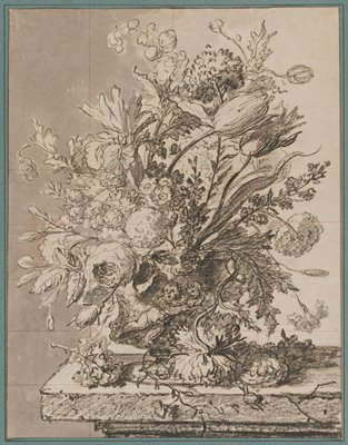Dokumentasi “Bouquet of Flowers in a Terracotta Vase”; Graphite, black chalk, gray wash, squared in red and black chalk, brown ink framing lines. Minneapolis Institute of Art.
