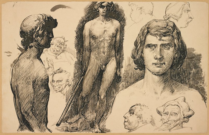 Sheet of Life Studies and Caricatures, Fritz Erler, 1892