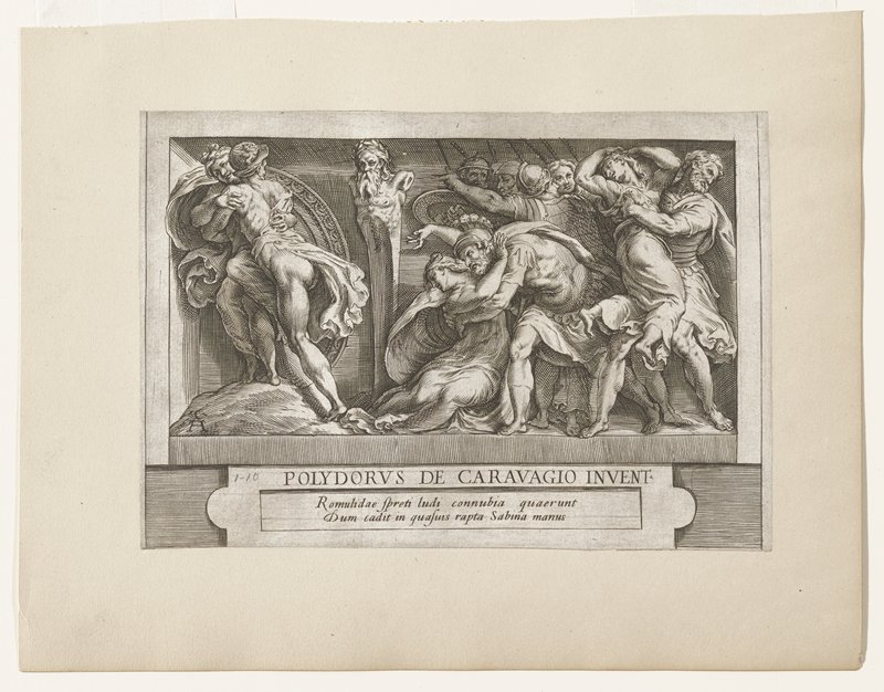 Romulidae spreti ludi connaubia quaerunt dum cadit in quasuis rapta Sabina manus, Cherubino Alberti, 16th-17th century