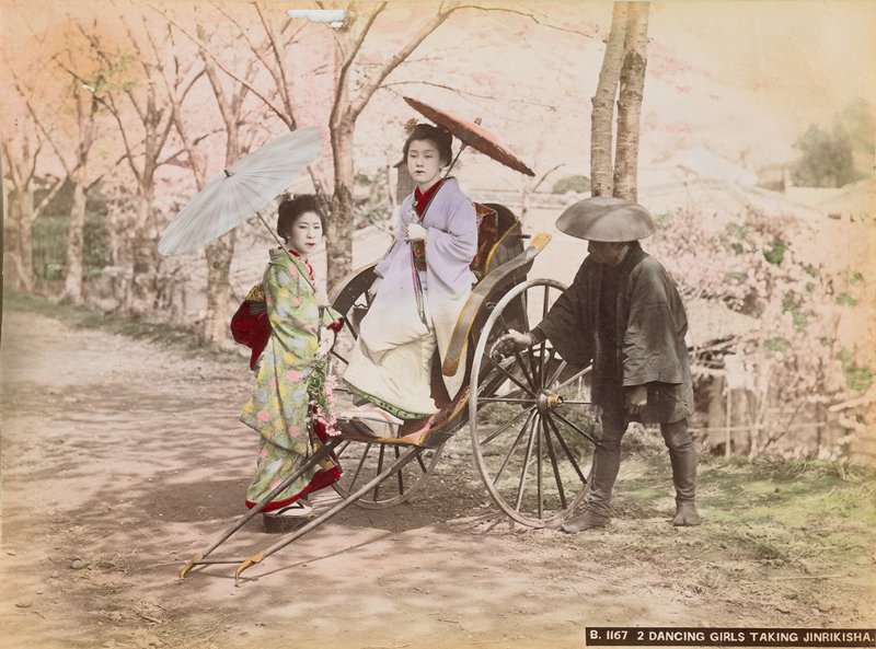 B1167. Two Dancing Girls Taking Jinrikisha, Attributed to Baron Raimund von Stillfried, 1890s