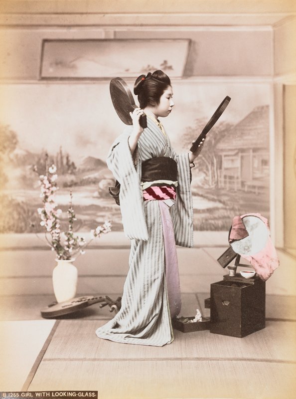 B1255. Girl with Looking-glass, Attributed to Baron Raimund von Stillfried, 1890s
