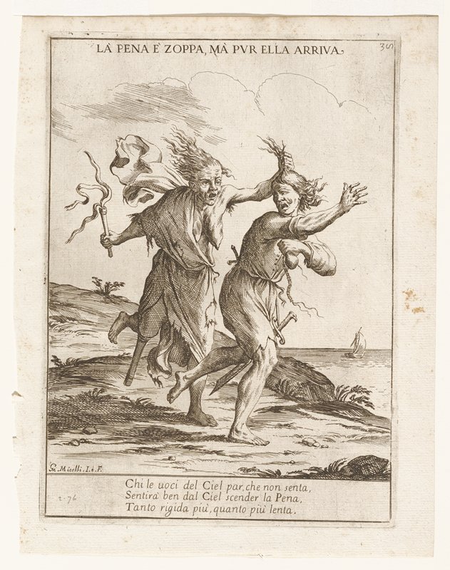 La Pena E' Zoppa, Ma Pur Ella Arriva, Guideppe Maria Mitelli, 17th century