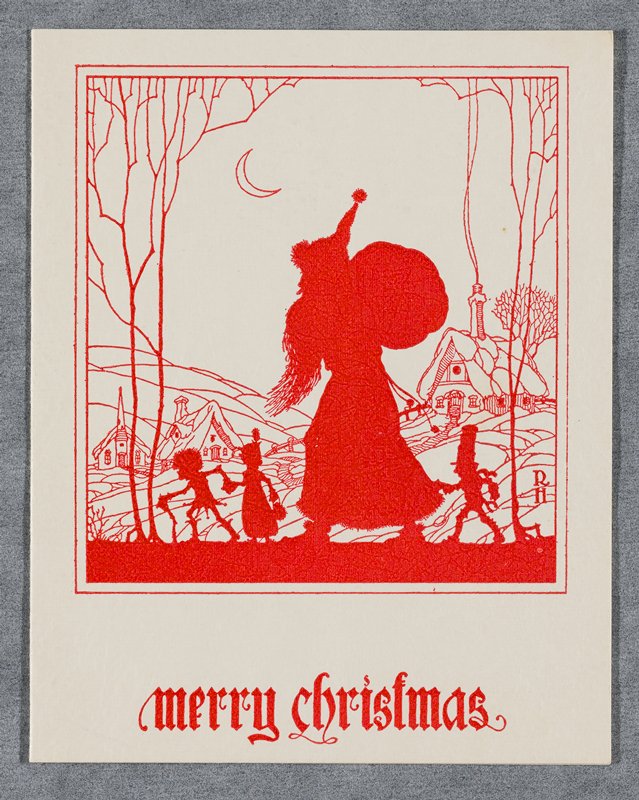 Christmas card with Santa Claus and three figures in silhouette, Richard Holzschuh, 20th century