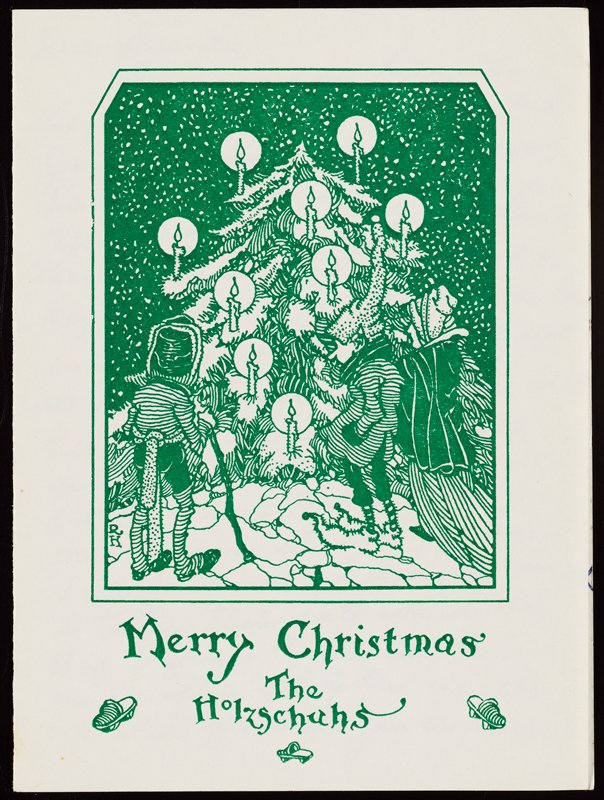 Christmas card with three figures with a Christmas tree, Richard Holzschuh, 20th century