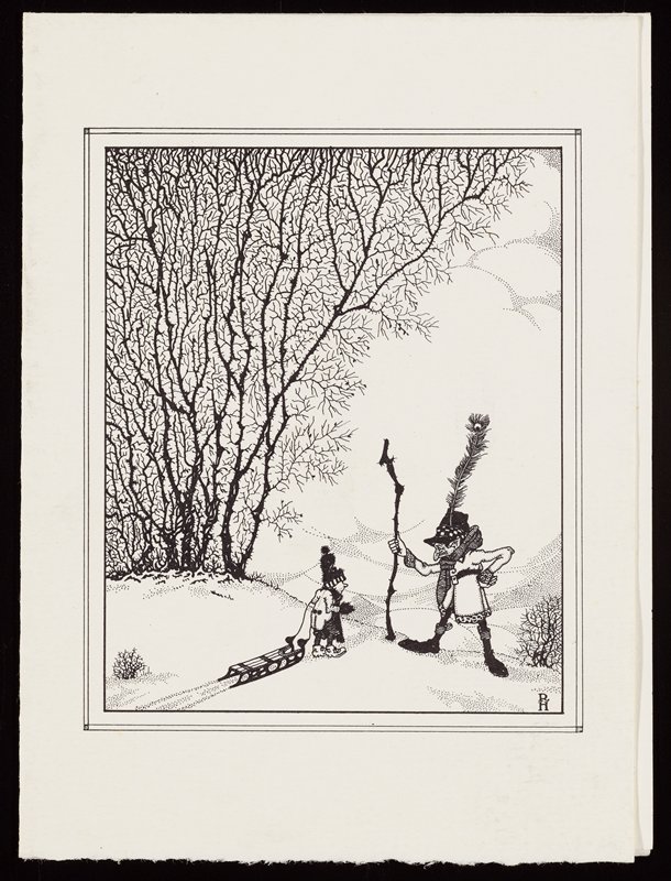 Christmas card with man with hat with tall feather and boy with sled, Richard Holzschuh, 20th century