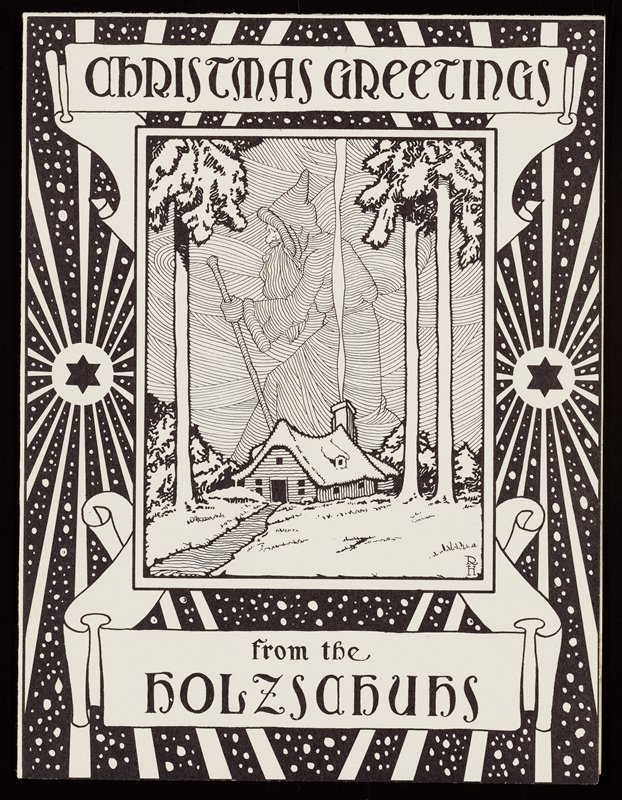Christmas card with linear silhouette of Santa Claus and cottage, Richard Holzschuh, 20th century