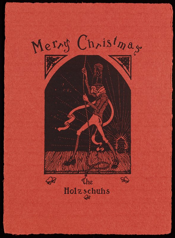 Christmas card with man pulling bell cord, Richard Holzschuh, 20th century